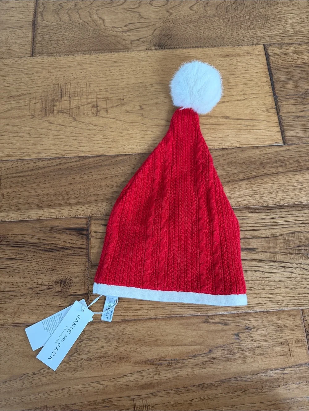 New Cable-Knit Kids Pom Beanie in Red with White Trim (18-24M)